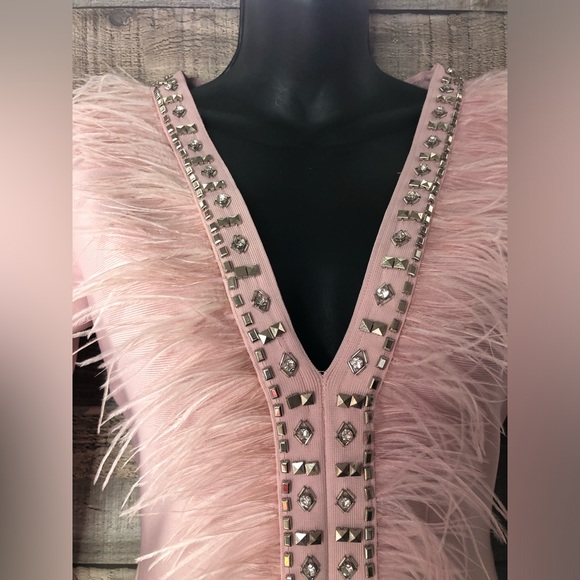 Pink/Salmon Colored Fashion Nova Bandage Dress with Feather Accents Size S - Picture 10 of 16